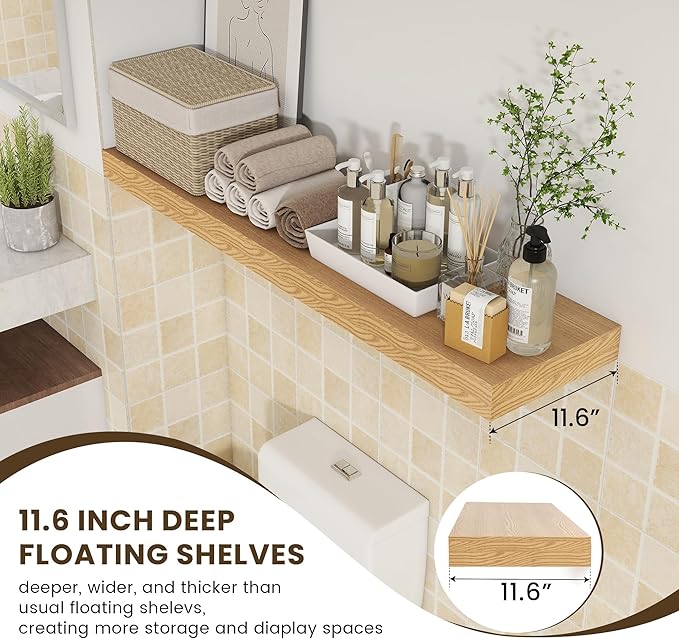 FLYJOE 48 Inch Oak Floating Shelf | 12 Inch Deep Floating Shelves Set of 1 | 48" D x 12" D Rustic Wood Shelves for Wall | Deep Oak Shelves for Living Room Bathroom Laundry Room Kitchen