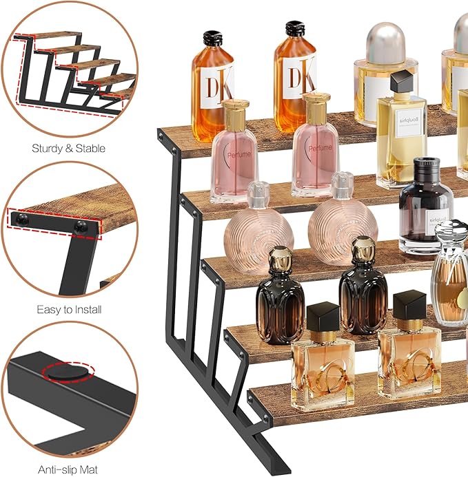 KALYLOC 5 Tier Wooden Display Riser Stand 13.8 Inch Metal Step Perfume Stand Organizer Tabletop Tiered Display Shelf Rack for Cologne Cupcake Spice Figures Cosmetics Candles (Brown, Z-Shape)