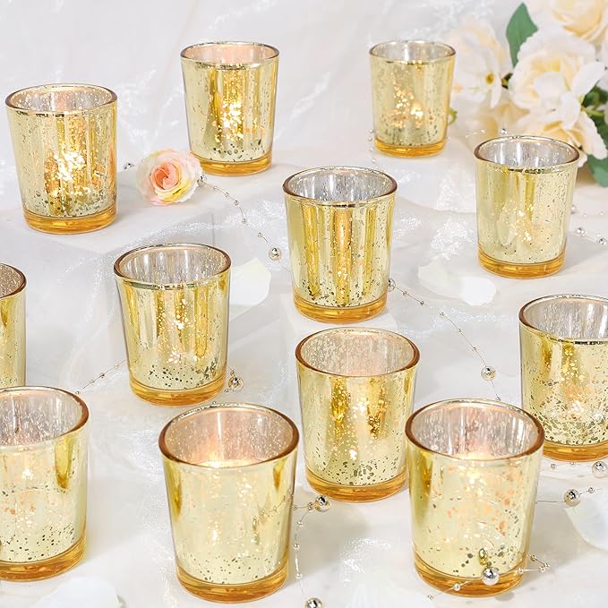 UPBUD Gold Votive Candle Holders Set of 24, Speckled Mercury Candle Holders for Wedding Gold Centerpiece Table Decorations, Tealight Candle Holder for Party Bridal Shower Decor, Home Decor