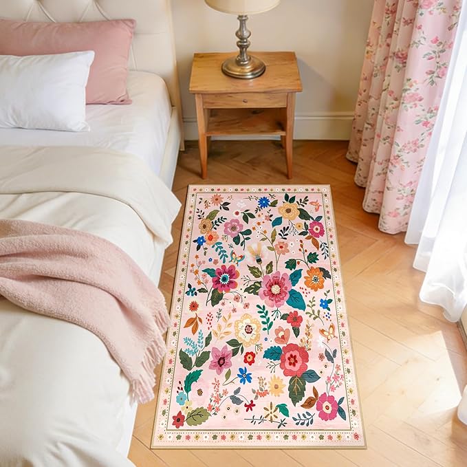 RELEANY Floral Nursery 2x4 Area Rugs Washable Print Boho Cute Carpet Non Slip Flower Low Pile for Living Room Kids Girls Playroom Bedroom Kitchen Office Farmhouse-Pink