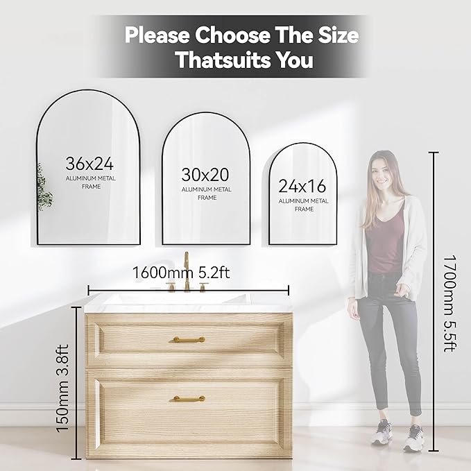 SCWF-GZ 36x24 Arch Mirror Rectangle Full Length Wall Mounted Hanging or Against Wall Metal Aluminium Alloy Frame Dressing Make-up Mirrors for Entryway Bedroom Bathroom Living Room 36 24 inch Black