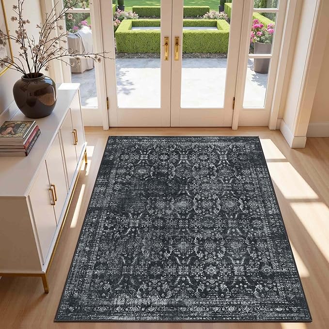 Rugxara 3x5 Rug for Entryway Bedroom, Black 3x5 Washable Area Rug, Vintage Retro Boho Throw Rug, Non Slip & Low Pile Small Carpet for Indoor Kitchen, Bedside, Living Room, Bathroom and Dining