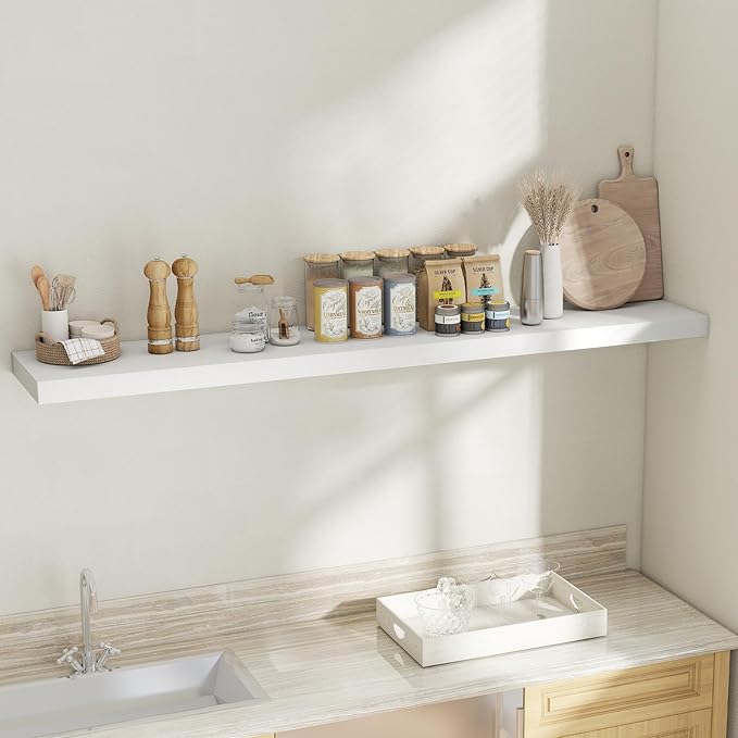 Fun Memories 72 Inch Floating Shelves, 12 Inch Deep Wall Shelf for Fireplace Mantel, Large Display Shelf & Storage Shelf, Wood Floating Wall Shelves for Home & Office, White, Set of 1