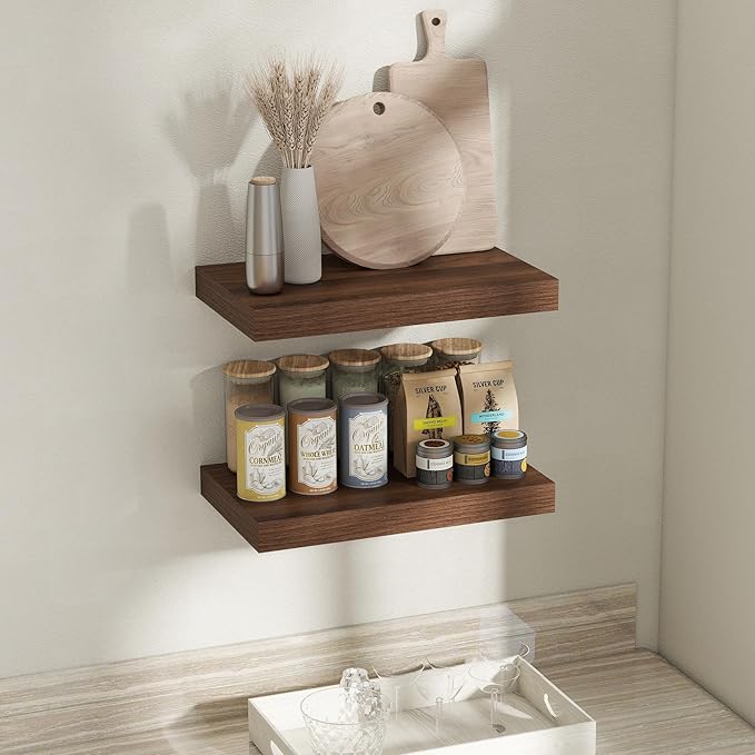12 Inch Deep Floating Shelves for Wall, 20 x 12 Rustic Wood Grain Bathroom Shelves with Invisible Brackets, Easy Install Wood Storage Shelves for Kitchen, Living Room, Bedroom, Walnut, Set of 2