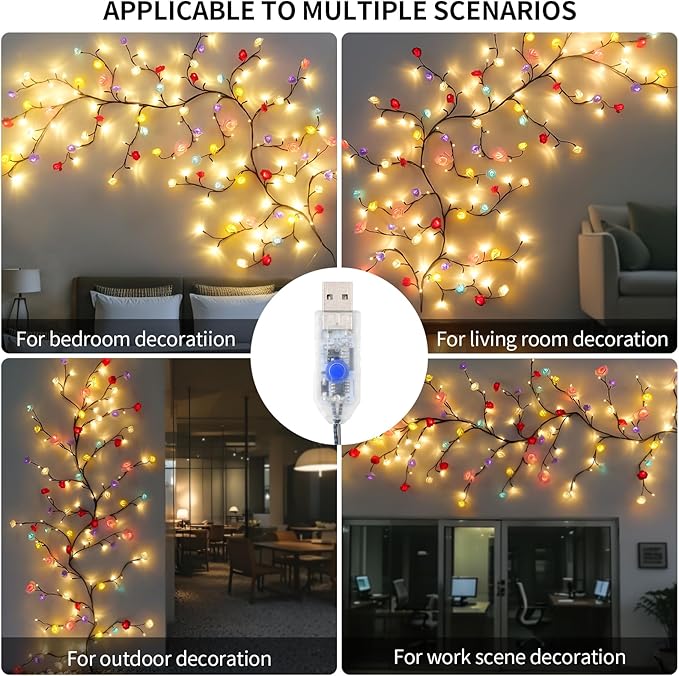 FNHMSL Macaroon Rose Blossom Enchanted Willow Vine Lights, 7.55FT 144LED 6 Color Blossom Tree Branch Lights for Wall, Remote Timer,8 Light Model,Bedroom Wall Doors Wedding, Christmas, USB Battery Box