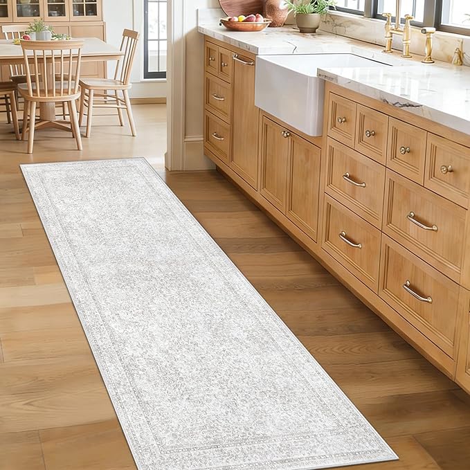 2x8 Hallway Runner Rug: Washable Vintage Floral Entryway Rugs Low Pile Non-Slip Boho Carpet for Kitchen, Bedroom, Bathroom, Dining Room (FloralGrey, 2'x8')