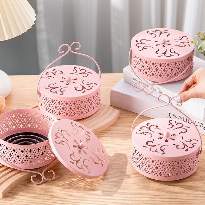 4 Pieces Mosquito Coil Holder Incense Coil Holder Round Retro Portable Metal Hanging Incense Burner with Handle for Home Camping Indoor Outdoor Patio(Pink)
