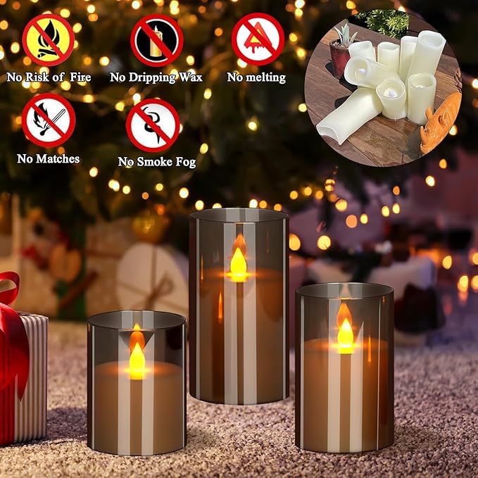 wemarry Flameless Candles 4" 5" 6" Acrylic Glass Pillars 3" Diameter Battery Operated Flickering Candles Include 8-Key Remote with Timer Function 400+ Hours (Gray, Warm Light 12 Pack)