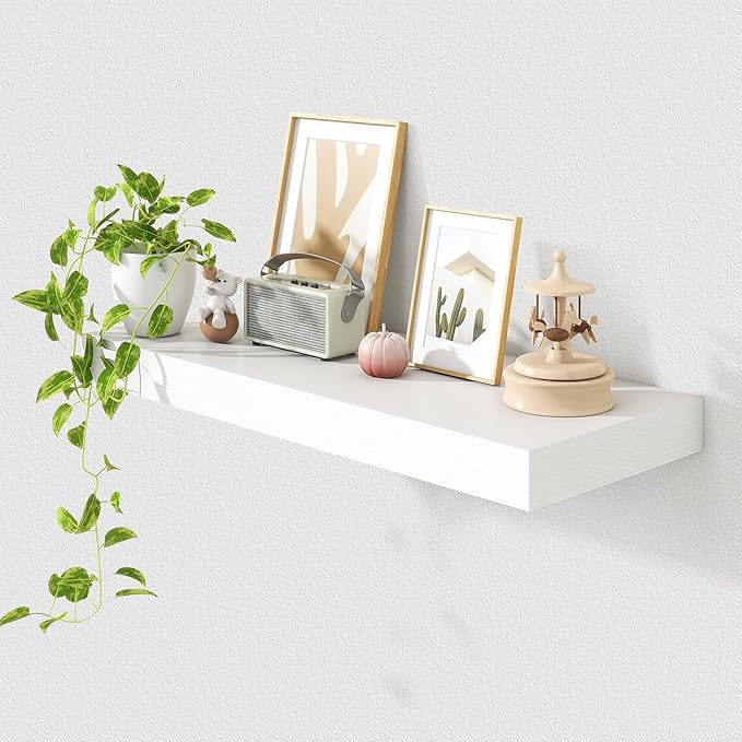 FLYJOE 30 Inch Floating Shelves | 12 Inch Deep White Floating Shelves | 30" W x 12" D Rustic Wood Shelves for Wall | Deep White Shelves for Living Room Bathroom Laundry Room Kitchen