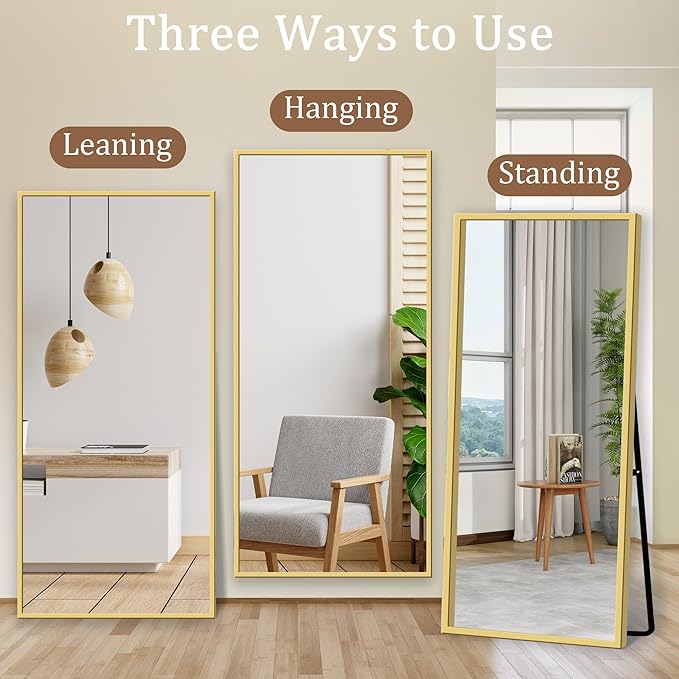 GlasFlength Full Body Mirror with Stand, 71" x 32" Full Length Mirror with Aluminum Alloy Frame Wall-Mounted/Leaning Against Wall/Floor Standing Mirror for Home Decor, Gold