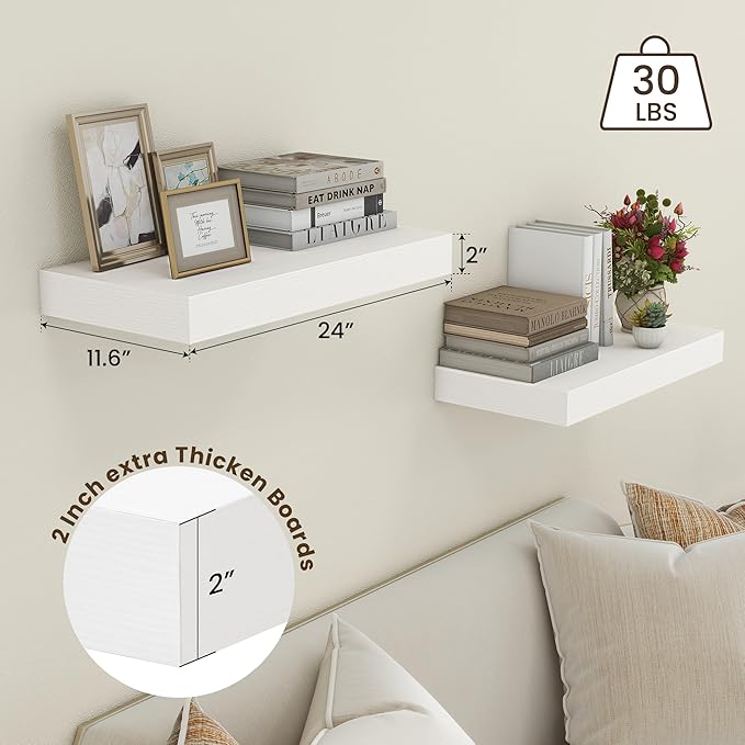 FLYJOE Deep Floating Shelves | 24 Inch White Floating Shelves Set of 2 | 12 Inch Deep Rustic Wood Shelves for Wall | 24" W x 12" D White Shelves for Living Room Bathroom Laundry Room Kitchen