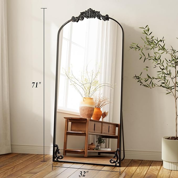 GLSLAND 32"x71" Vintage Full Length Mirror,Large Carved Arched Full Body Mirror with Metal Frame for Bedroom/Living Room/Entryway,Black