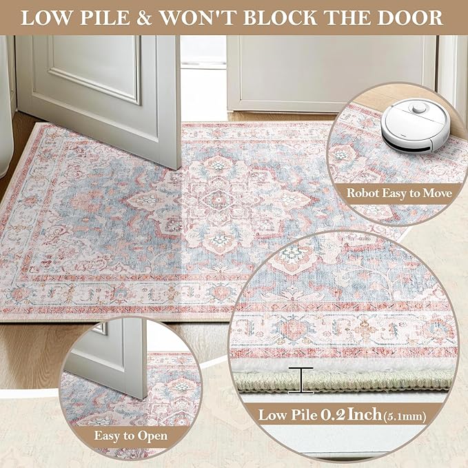 CAPALOCA Machine Washable Rugs Nursery Rug 5x7 Cute Girl Non Slip Low Pile Water Repellent Soft Print Pattern for Bedroom Indoor Decor Kids Playroom Pink Blue