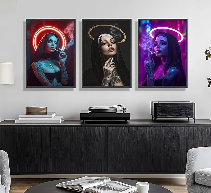 FJKLRP 3pcs Fashion Neon Nun Wall Art Cyberpunk Tattooed Feminine Canvas Print Dark neon Aesthetic Wall Decor for Bedroom Living Room Dorm Apartment Home Decor Unframed