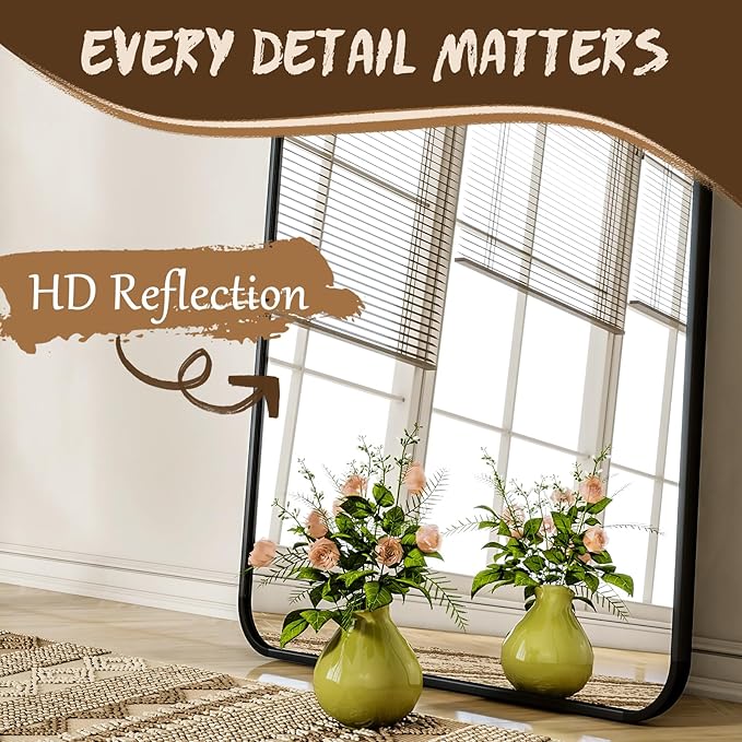 XRAMFY 76"x34" Floor Full Length Mirror Standing Full Body Rounded Corner Rectangle Mirrors with Stand Hanging Wall Mounted Leaning Bedroom Living Room Bedroom Cloakroom,Black