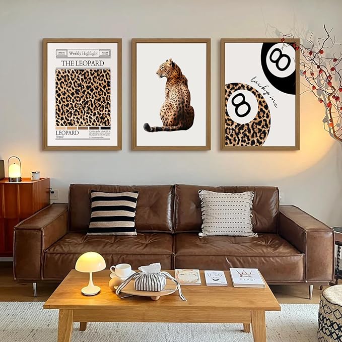 Trendy Leopard Wall Art Cheetah Print Canvas Wall Decor 8 Ball Poster Preppy Room Aesthetic Pictures Funky Coquette Vintage Prints Y2k Fashion Lucky Posters for Bedroom 16x24x3 Inch Framed