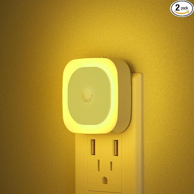 YUNLEX 2 Pack Plug in Night Light with Motion Sensor & Dusk to Dawn Sensor, 3 Sensor Modes, Auto ON/Off, Dimmable Nightlight for Living Room, Hallway, Bathroom, Golden Yellow