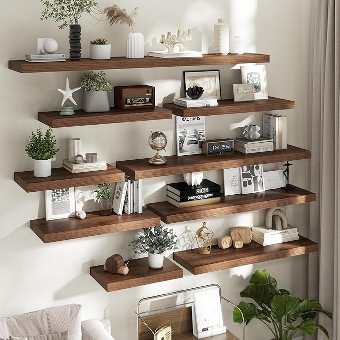 12 Inch Deep Floating Shelves for Wall, 24 x 12 Rustic Wood Grain Bathroom Shelves with Invisible Brackets, Easy Install Wood Storage Shelves for Kitchen, Living Room, Bedroom, Walnut, Set of 2