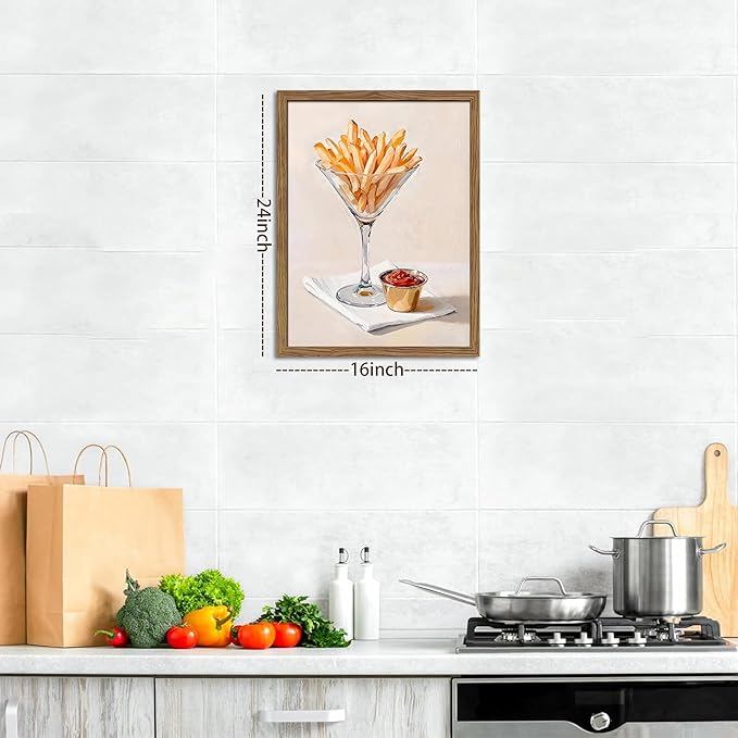 Modern Kitchen Wall Art, Funny Fries in Glass Canvas Wall Decor Painting, Vintage Minimalist Fries Ketchup Food Artwork Prints Pictures for Dining Room Kitchen Decor 16x24 Inch Wood Framed