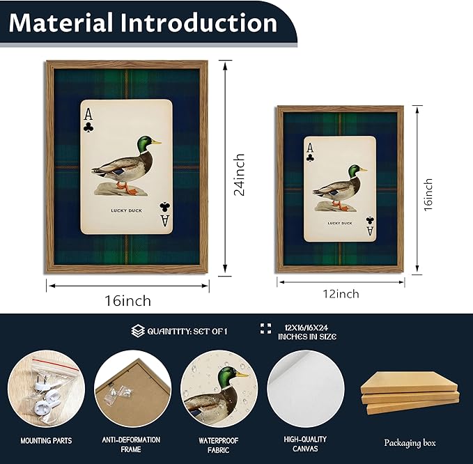 Framed Vintage Mallard Duck Wall Art, Country Lucky Duck Wildlife Poker Wall Decor Painting, Nature Rustic Farmhouse Hunting Canvas Prints Pictures for Living Room Bedroom 12x16 Inch