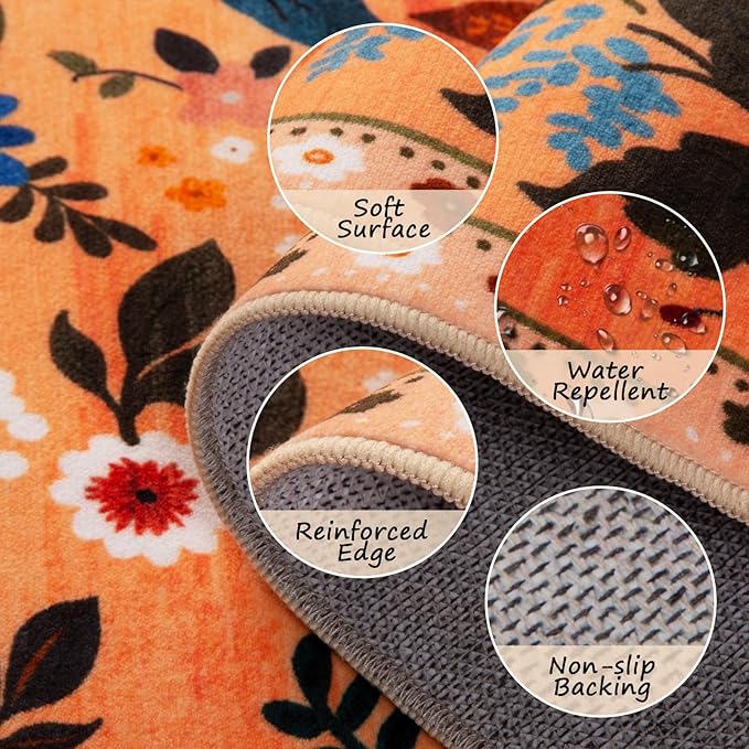 RELEANY Floral Nursery 5x7 Area Rugs Washable Print Boho Cute Carpet Non Slip Flower Low Pile for Living Room Kids Girls Playroom Bedroom Kitchen Office Farmhouse-Yellow/Orange