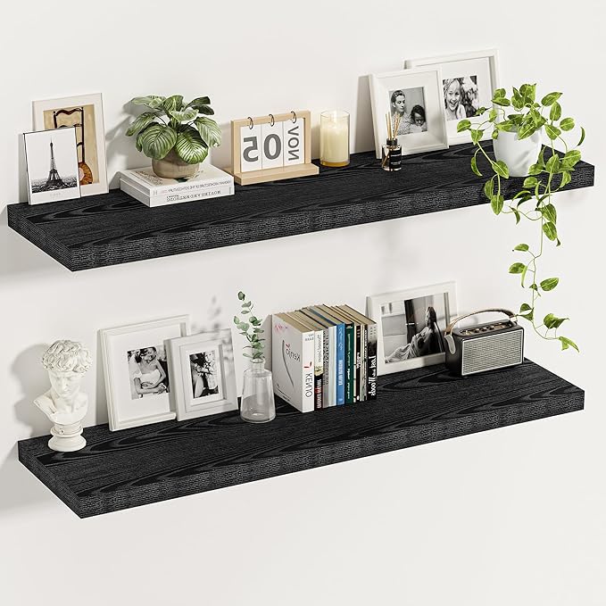 Vivelove Black Floating Shelves 47.2 Inches Wide, 12" Deep Wall Shelves for Bedroom, Bathroom, Living Room, Kitchen, Office, Rustic Home Decor Shelf with Invisible Brackets, 47.2X12X1.5, Set of 2