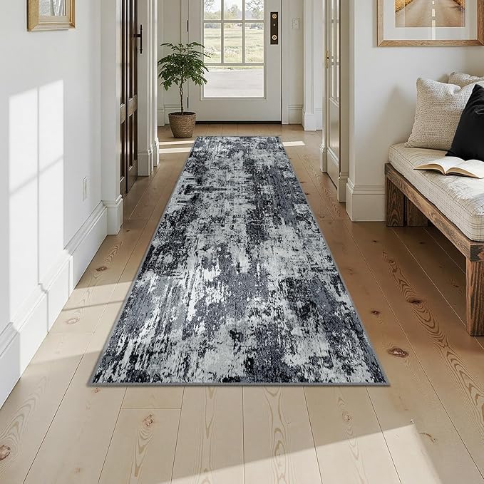 RELEANY Washable Area Rugs 2'6"x10 Non-Slip Modern Abstract Soft for Living Room Entryway Bedroom Nursery, Print Pattern, Black Navy Blue Gray