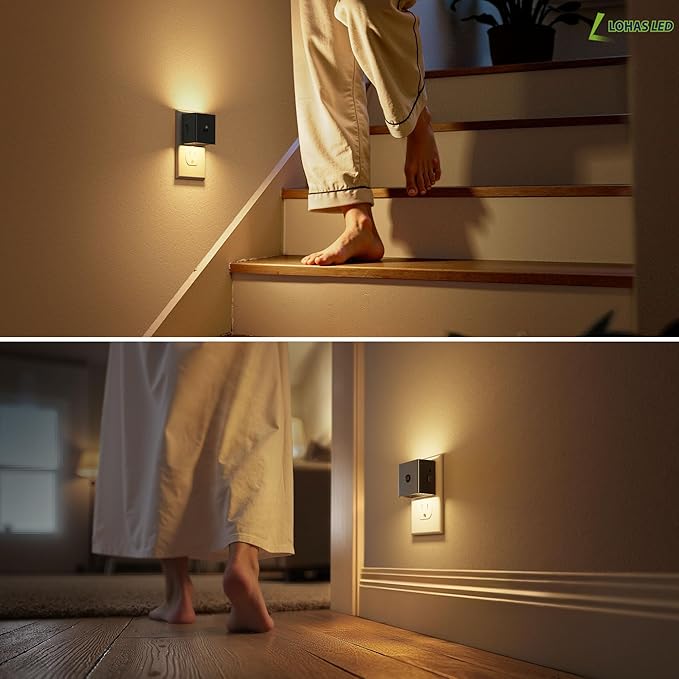 L LOHAS LED Motion Sensor Night Light, [2-Pack] Plug in Night Light with Motion Sensor and Dusk to Dawn Sensor, Brightness Adjustable, 3000K Soft White Nightlight for Bathroom Hallway Kitchen