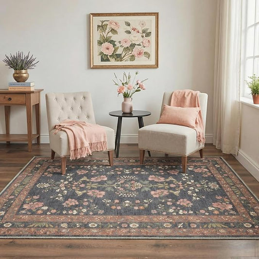 GENIMO 4x6 Area Rugs for Living Room, Machine Washable Non Slip Vintage Rugs, Low Pile Lightweight Chenille Print Rug for Bedroom, Dining Room, Home Office, Dusty Charcoal