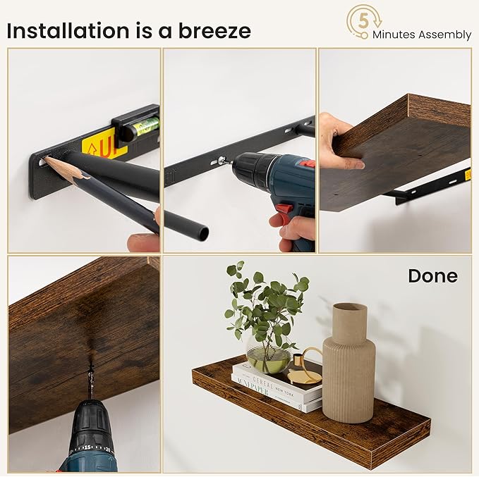 Fun Memories Floating Shelves for Wall, Rustic Wood Wall Mounted Shelves for Bathroom, Bedroom, Living Room and Kitchen, Storage & Home Decor (Set of 2, Brown, 72 in)