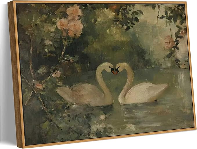 Framed Vintage Canvas Swan wall art Sage Green Print Antique Couple Swan Oil Painting Elegant Animal Pictures Wall Decor Farmhouse Aesthetic Wall Decor for Living Room Bedroom Farmhouse Home
