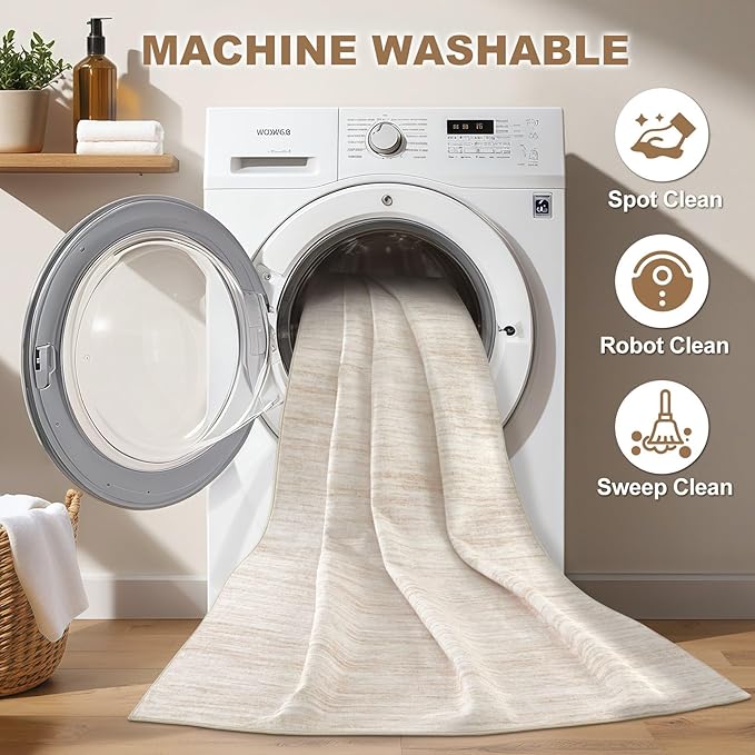 Nakagishi 10x14 Area Rugs Living Room: Washable Large Vintage Rug Neutral Non-Slip Soft Stain Resistant Indoor Carpet for Bedroom Nursery Dining Room Office Playroom - Beige-01
