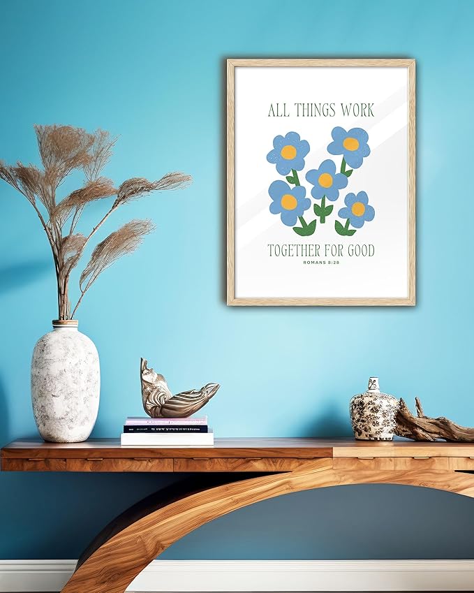 EcoHest OAK Wood God Framed Wall Art, 12x16in Romans 8:28 All Things Work Bible Verse Christian Wall Art, Modern Blue Flower Bedroom Decor For Living Room Bathroom Christian Merch Gift 1Pack