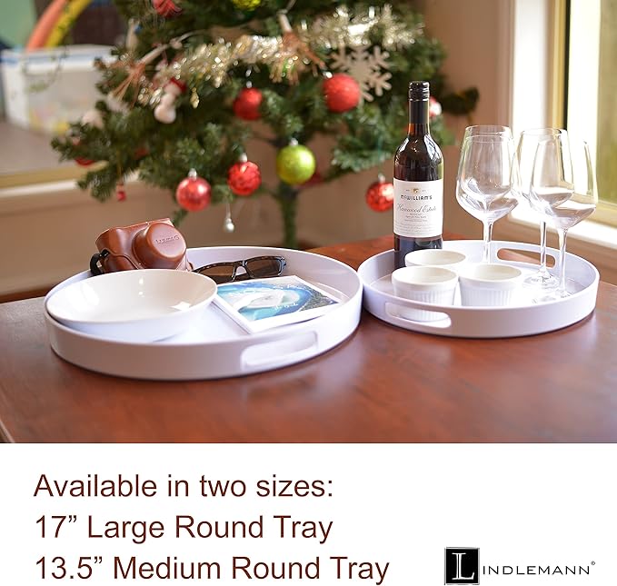 White Serving Tray Large Melamine Platter Round Breakfast Trays with Handles for Coffee Table Ottoman Living Room Home Décor Holiday Celebration & Party (13.5")