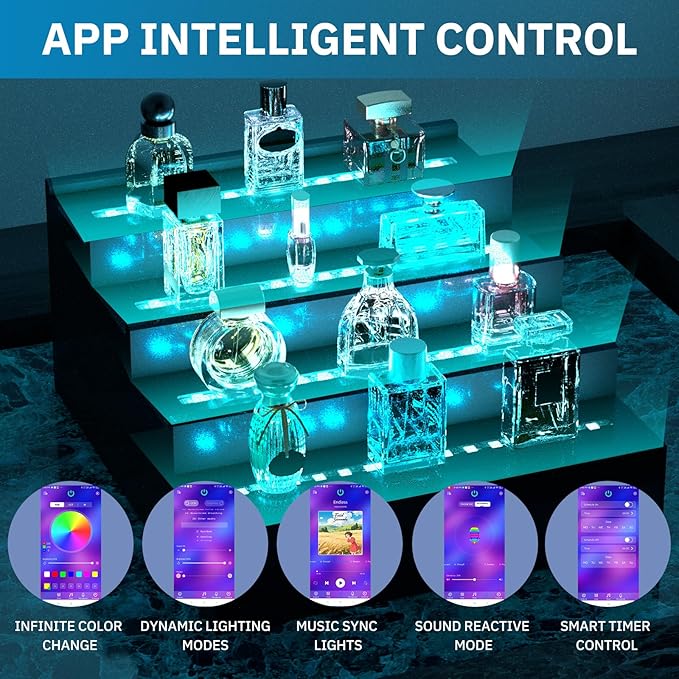 RGB LED Lighting Perfume & Cologne Organizer for Men with APP Control, Music Beat Sync LED, Cologne Stand Shelf, 4-Tier Black Wood, Ideal Gift for Men,Includes 12V Power Adapter for Instant Use