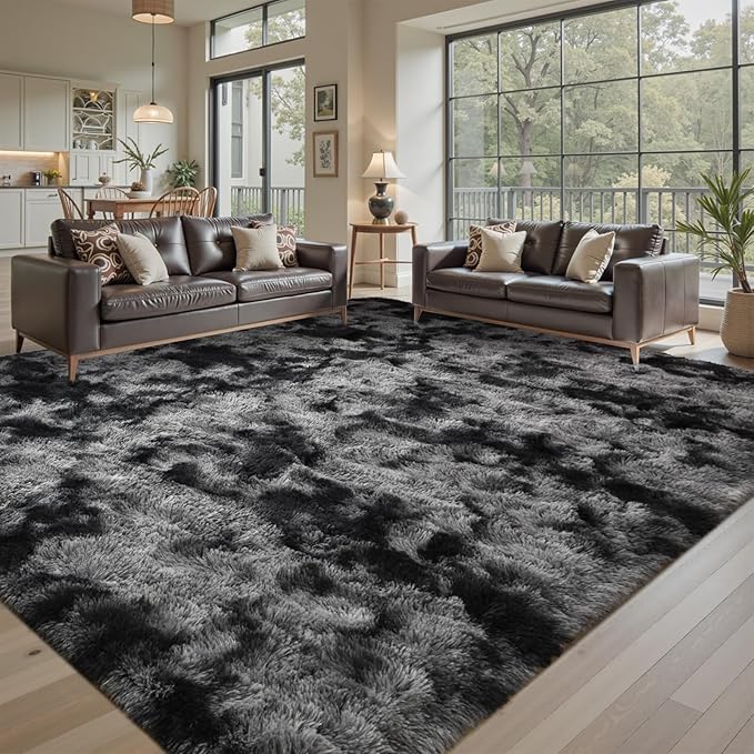 Area Rugs for Living Room 9x12 Black Grey Fluffy Rug,Super Fuzzy Fur Bedroom Carpet for Boys Dorm Office Nursery Modern Home Decor