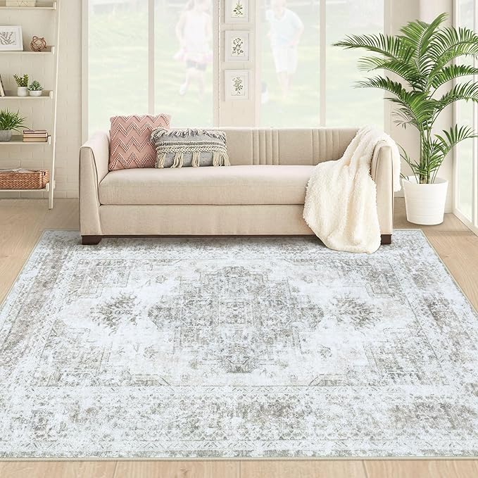 XLUEZ Area Rug 4x6 Vintage Rug, Machine Washable Vintage Distressed Medallion Rug Non-Slip Soft Low Pile Large Indoor Rugs for Bedroom Kitchen Dining Room Office(Taupe,4'x6')