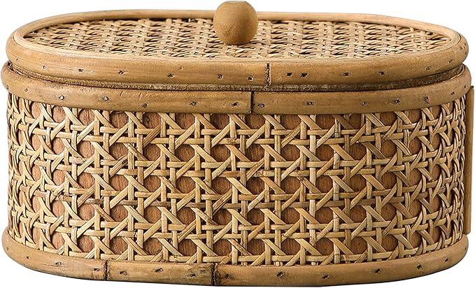 SOFE Rattan Decorative Box with Lid, Small Oval Box for Storage, Hand-Woven Display Boxes for Organizing Jewelry, Candies, Snacks, Keys, Farmhouse & Boho & Modern Home Decor, Dresser Decor