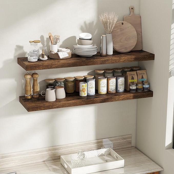 Fun Memories 12 Inch Deep Floating Shelves, 48 x 12 Floating Shelves for Wall Set of 2, Extra Deeper Hanging Wood Wall Shelves for Bedroom, Living Room, Kitchen, Rustin Brown
