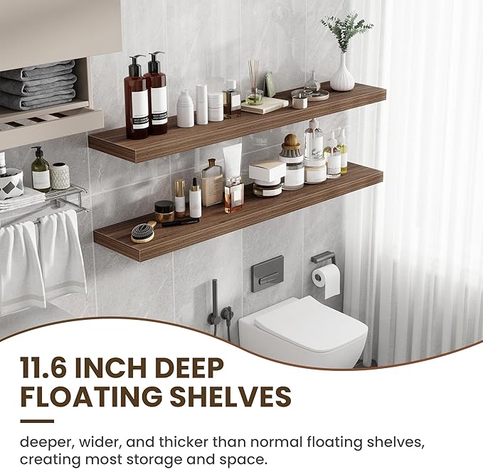 Acovy 55 Inch Floating Shelves, 12 Inch Deep Floating Shelves for Wall, Floating Shelf with Invisible Brackets, Deep Wall Shelves for Bathroom, Bedroom, Living Room, 1 Pack, Walnut