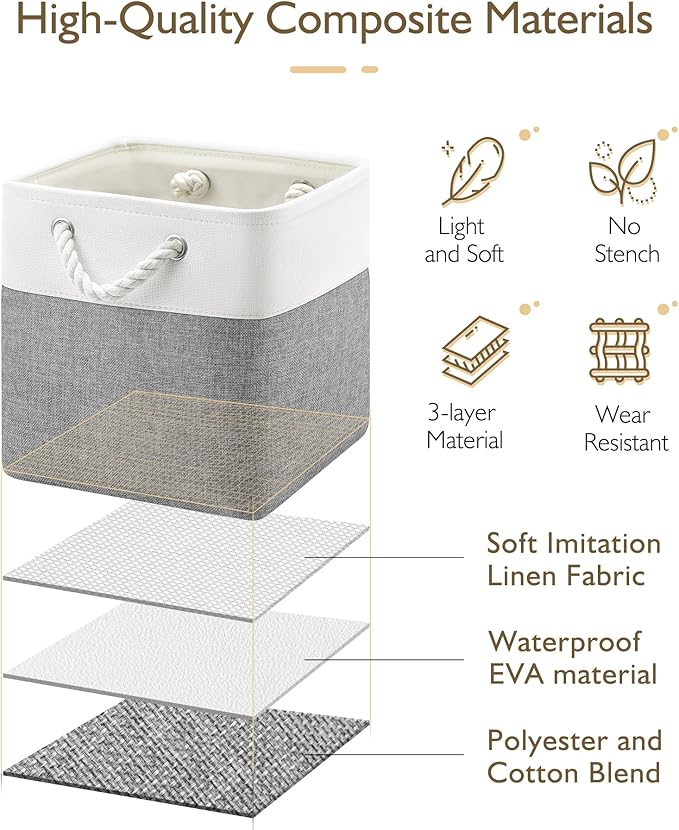Patvingot 11 Inch Cube Storage Bins, 6 Pack Fabric Storage Cubes with Rope Handles, Organizer Baskets for Closet Shelves, Clothes and Home Organization(White/Gray)