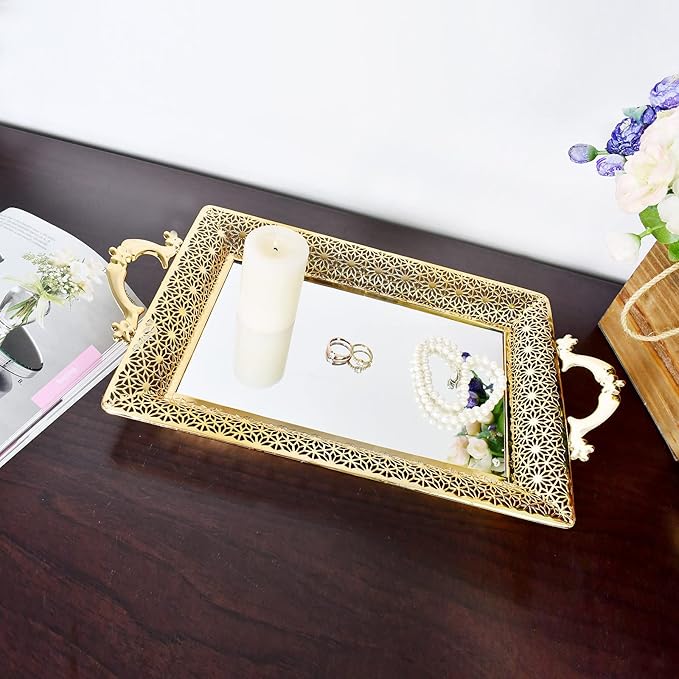 Decorative Glass Mirrored Tray Home Decor Vanity Tray for Dresser Make Up Jewelry Organizer Gold Perfume Tray Rectangle
