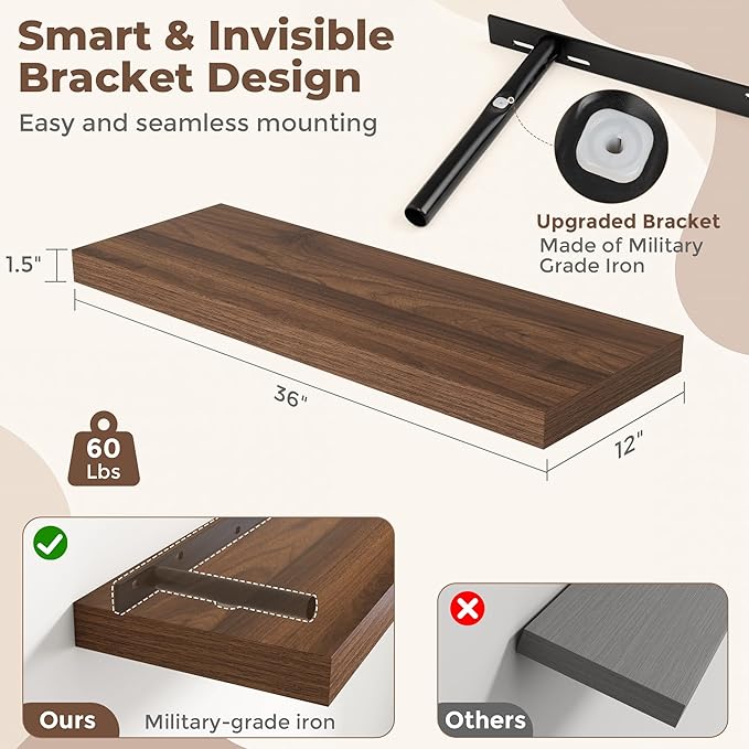 36 Inch Walnut Floating Shelves for Wall, 12 Inch Deep Shelves for Bathroom|Kitchen|Bedroom, Wall Mounted Rustic Wood Floating Shelf with Invisible Brackets for Books|Storage|Decor, 2 Pack