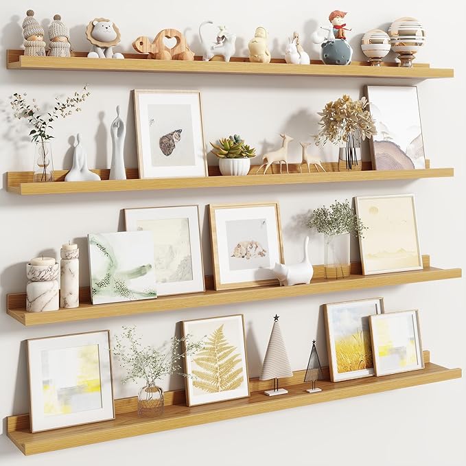 Fun Memories Picture Ledge Shelf, Floating Shelves Set of 4, 48 Inch Picture Shelves for Wall with Ledge, Large Nursery Book Shelf for Toys Storage, Living Room, Bedroom Decor Frames, Oak