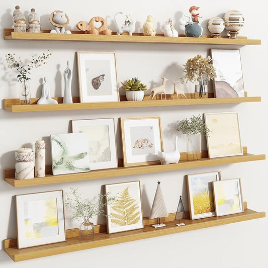Fun Memories Picture Ledge Shelf, Floating Shelves Set of 4, 48 Inch Picture Shelves for Wall with Ledge, Large Nursery Book Shelf for Toys Storage, Living Room, Bedroom Decor Frames, Oak
