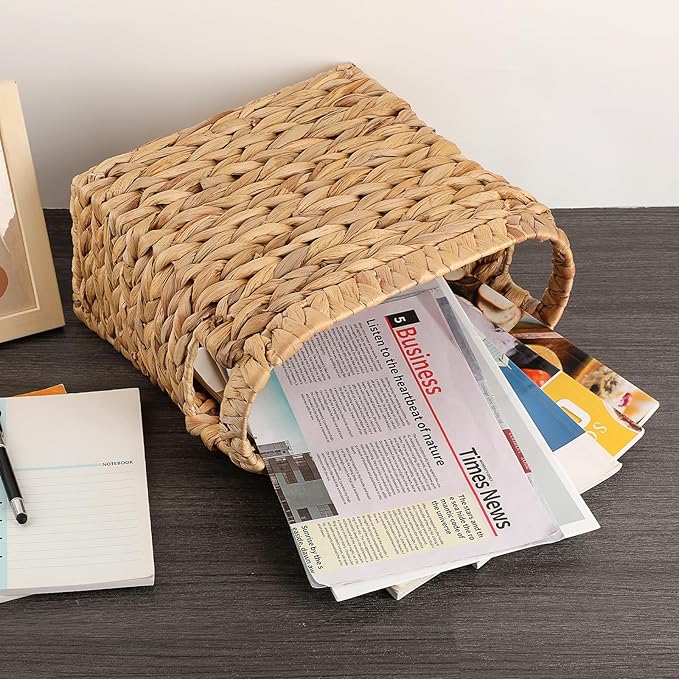 BTSKY Woven Magazine Holder, Water Hyacinth Magazine Basket, Natural Narrow Storage Basket Bin for Books & Files, Magazine Rack with Built-in-Handle for Home, Office & Desk - 11.4x5.9x10.6 Inch