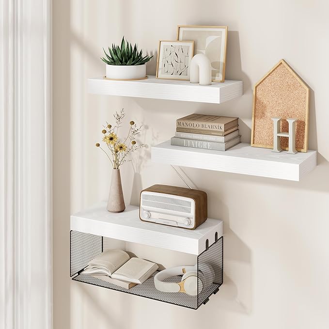 Acovy Bathroom Floating Shelf for Wall,16 inch Wall Mounted Floating Shelves Toilet Organizer and Storage,Small Farmhouse Decor Shelf,White,Set of 3