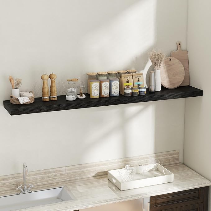Fun Memories 72 Inch Floating Shelves, 12 Inch Deep Wall Shelf for Fireplace Mantel, Large Display Shelf & Storage Shelf, Wood Floating Wall Shelves for Home & Office, Black, Set of 1