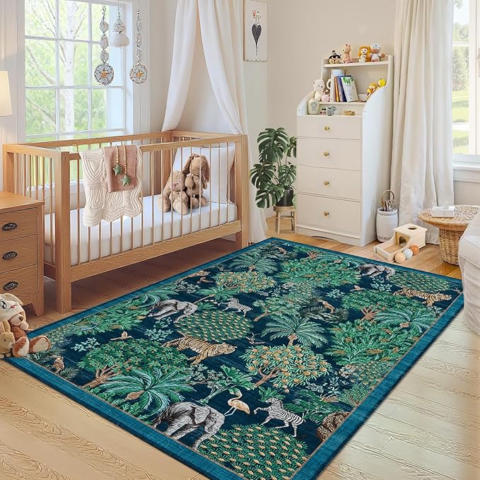 GarveeHome Jungle Animal Print Rug 3x5 Washable Area Rugs for Living Room, Forest Rug Non Slip Soft Low Pile Stain Resistance Throw Carpet for Bedroom Kids Playroom Nursery Blue