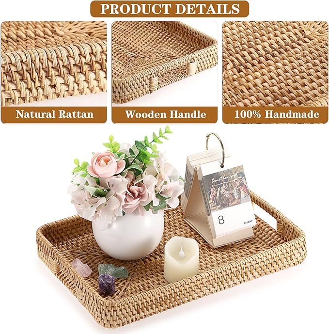 Hipiwe Handwoven Rattan Serving Tray Rectangular Wicker Tray with Handles Natural Decorative Trays for Storage Breakfast, Dessert, Fruit for Coffee Table, 13.4" L x 9.5" W